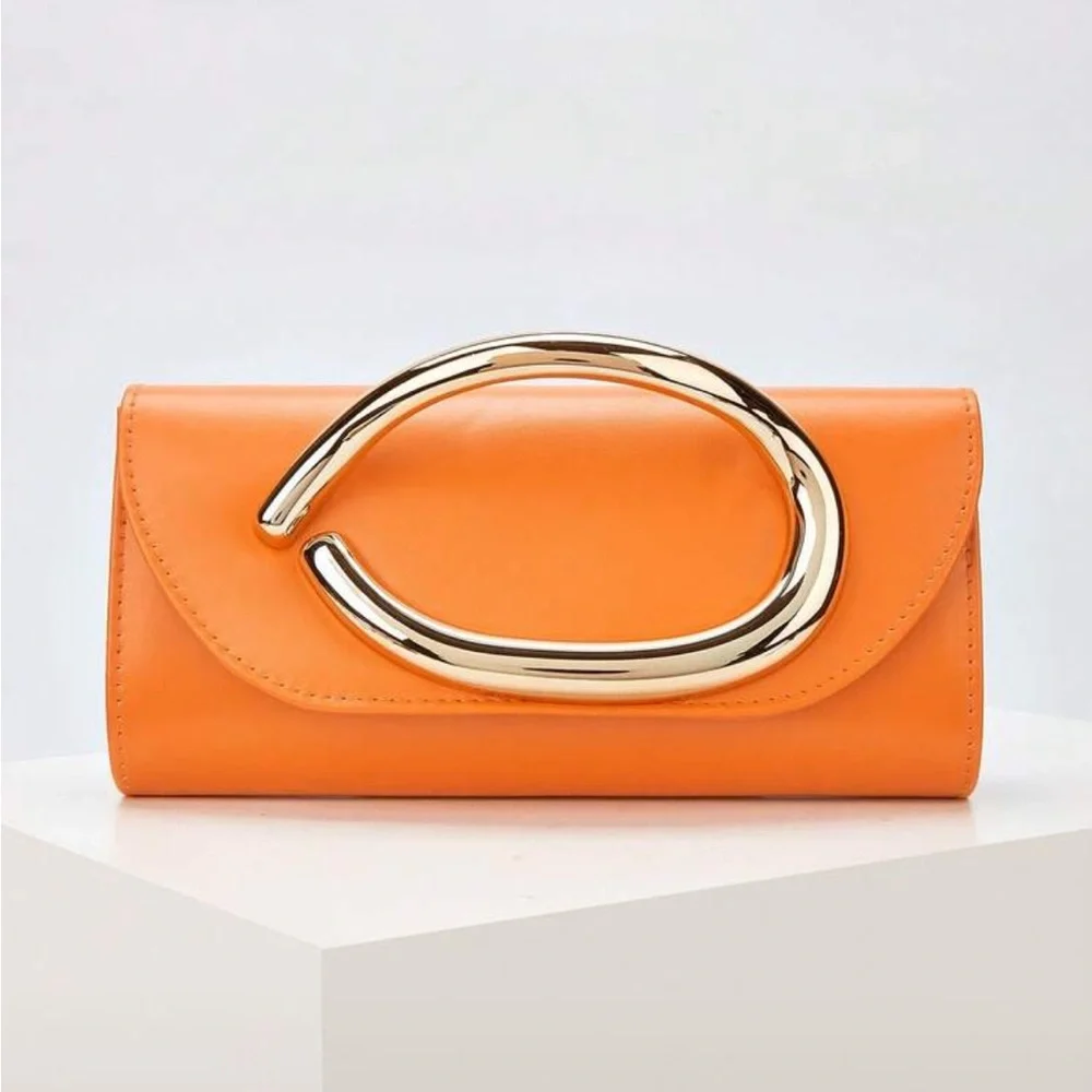 Orange Leather Clutch with Gold Handle